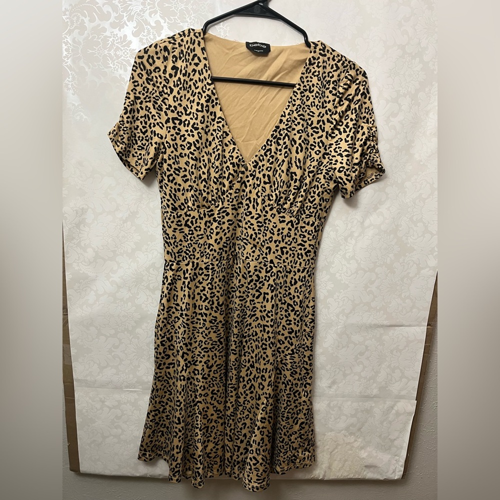 bebe Leopard Print Midi Dress in Tan and Black